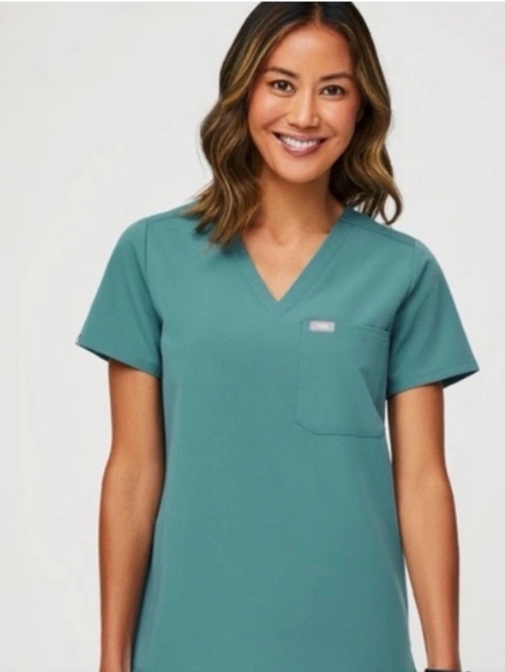 Figs Teal V-Neck Short Sleeve Scrub Top with Chest Pocket Technical Collection L